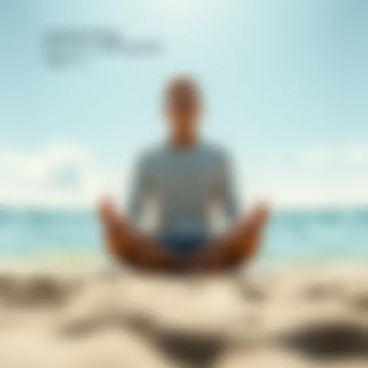 A person sitting cross-legged on a serene beach, meditating with closed eyes, symbolizing inner peace and self-reflection.