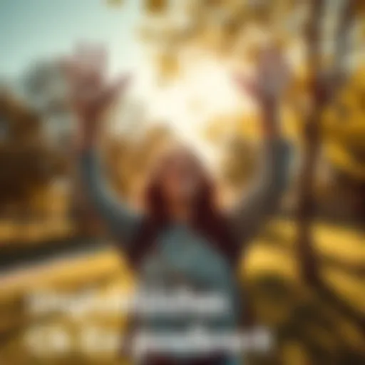 A person smiling while standing in a sunny park, arms raised in celebration of good luck