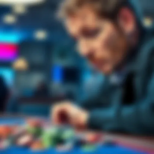 A person sitting at a table, staring intently at a pile of colorful gambling chips, showing signs of conflict and temptation in their expression.