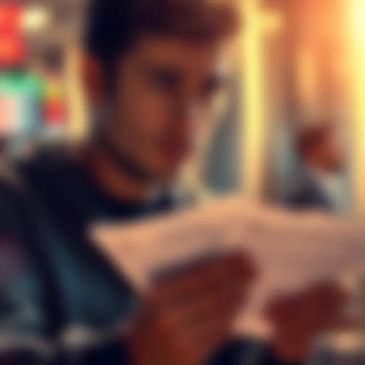 A person examining their betting slips with a concerned expression, contemplating self-refund options after losses