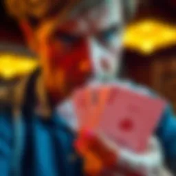 Person looking at a playing card Individual contemplating a playing card with a serious expression, symbolizing thoughts on gambling addiction