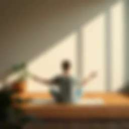 A person sitting cross-legged on a mat, meditating in a calm environment with soft light and plants around