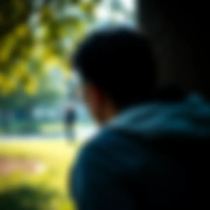 A person watching another individual discreetly from behind a tree, representing the act of following.