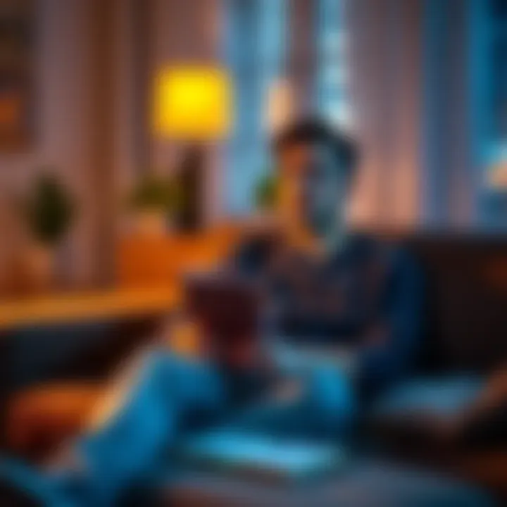 A person sitting on a couch looking relieved, with a notebook and pen, contemplating their journey to stop sports betting. Inspirational setting with warm lighting.