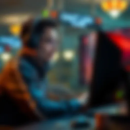 A person sitting at a computer with a focused look, playing online poker while a gaming interface is visible on the screen.