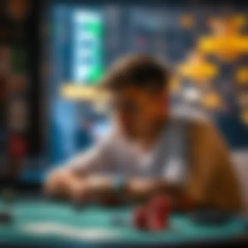 Individual sitting at a table, deep in thought, contemplating a decision about gambling with gaming items in the background.