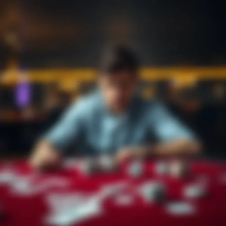 A person sitting alone at a table, looking thoughtful and conflicted, surrounded by cards and dice, symbolizing the struggle of quitting gambling without telling family.