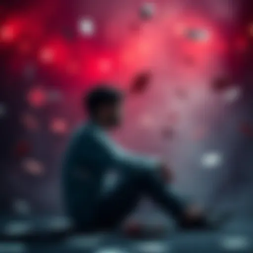 A person sits alone, deep in thought, surrounded by symbols of gambling like cards and dice, representing the struggle to overcome addiction and rebuild life.