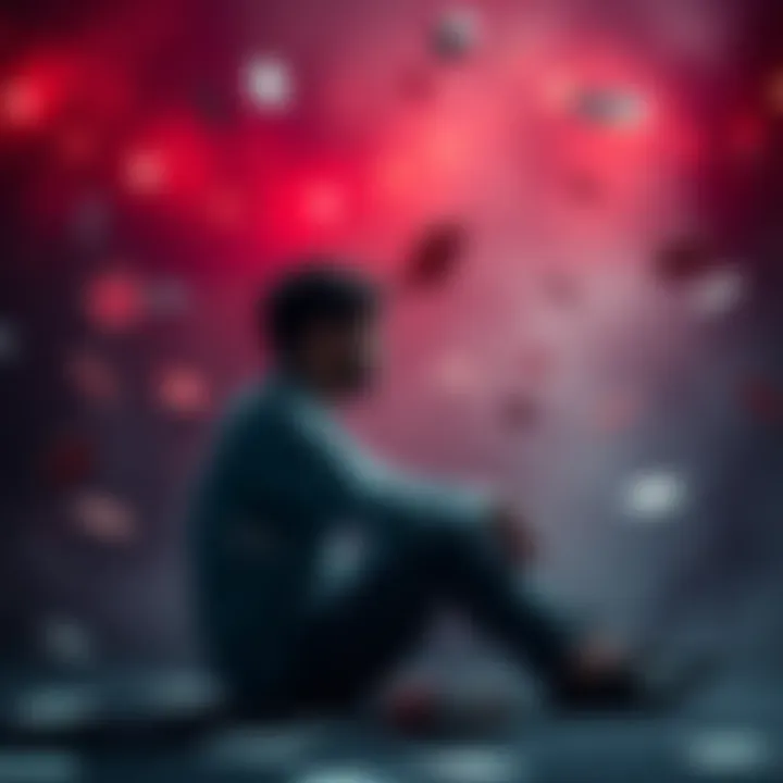 A person sits alone, deep in thought, surrounded by symbols of gambling like cards and dice, representing the struggle to overcome addiction and rebuild life.