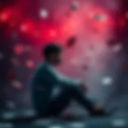 Person reflecting on life after gambling A person sits alone, deep in thought, surrounded by symbols of gambling like cards and dice, representing the struggle to overcome addiction and rebuild life.
