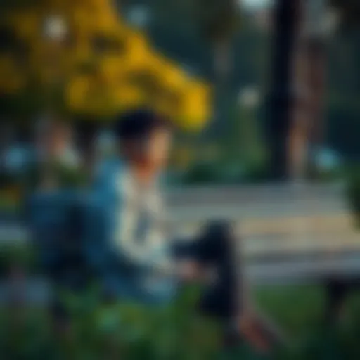 A young person sitting on a park bench, looking thoughtful while surrounded by nature, symbolizing a fresh start after work life