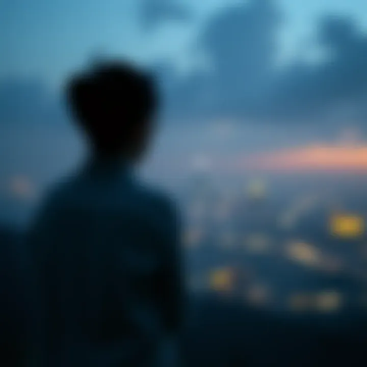 A person reflecting on loss in Korea A person standing in a somber landscape, looking out over a city skyline, symbolizing deep personal loss and the impact of recent events in Korea.