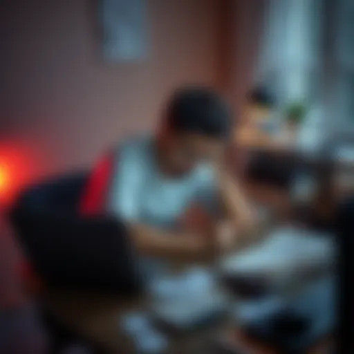 A person sitting at a desk, looking thoughtful, with a laptop open and notes scattered around, symbolizing the struggle against online bullying and addiction recovery.