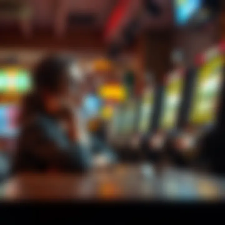 A person sitting at a table, looking thoughtful with a few coins scattered and a slot machine in the background, contemplating their gambling behavior.