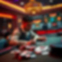 A determined person sits at a casino table, focusing on the game after a losing streak, with chips and cards in front of them.