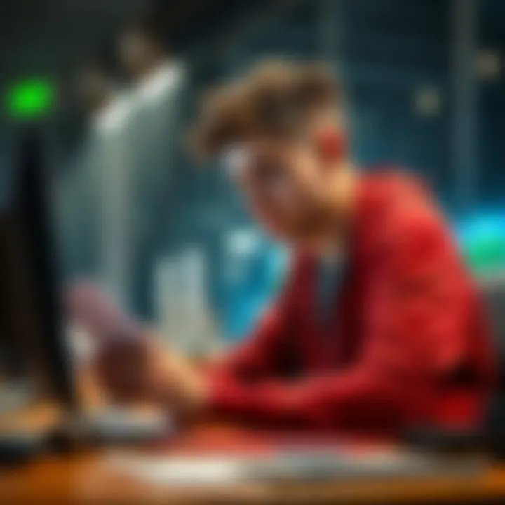 A young man sitting at a desk, reviewing his FanDuel betting results with a concerned expression.