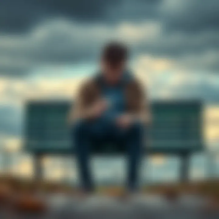 An individual sitting on a park bench, looking downcast while holding a playing card. The background shows a cloudy sky, reflecting the emotional struggle and loneliness.