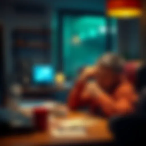A person sitting at a desk with their head in their hands, looking distressed about a recent loss of money from online gambling