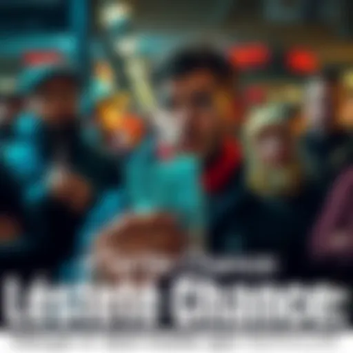 A person holding a small amount of cash, looking hopeful and seeking assistance from the community, surrounded by concerned onlookers.