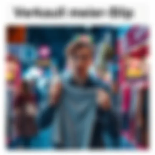 A person is surprised while holding a piece of clothing for sale in a busy marketplace