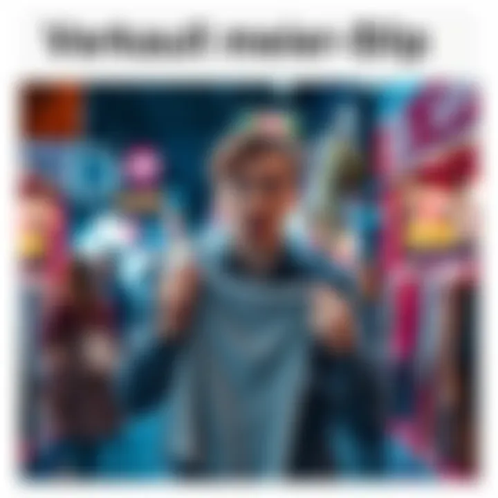 A person is surprised while holding a piece of clothing for sale in a busy marketplace