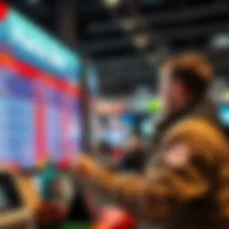 Person Selling Parlay Bets A person at a betting counter engaged in selling parlay bets to customers, showing various betting options on a screen.
