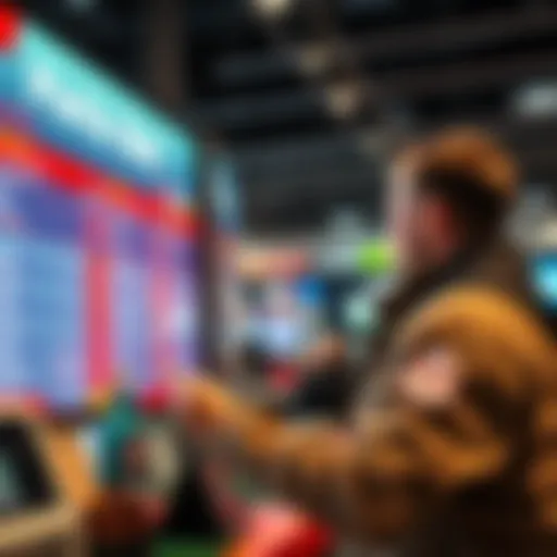 Person Selling Parlay Bets A person at a betting counter engaged in selling parlay bets to customers, showing various betting options on a screen.