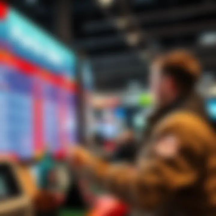 Person Selling Parlay Bets A person at a betting counter engaged in selling parlay bets to customers, showing various betting options on a screen.