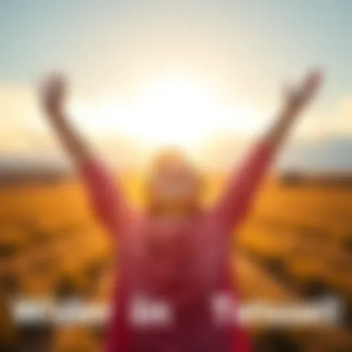 A person stands in a bright, open field with arms raised, expressing joy and hope for a new beginning.