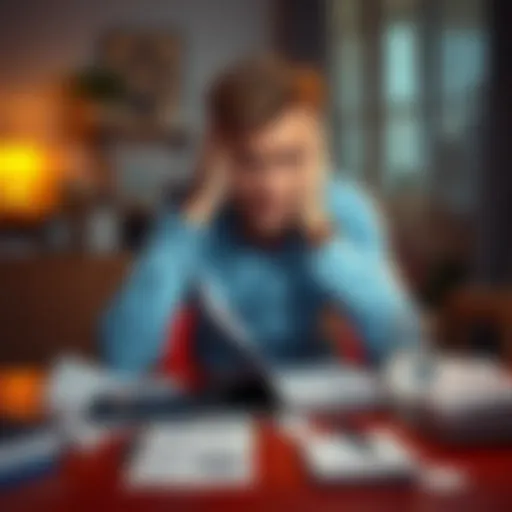 A person sitting at a table with bills and a calculator, looking stressed while holding their head in their hands