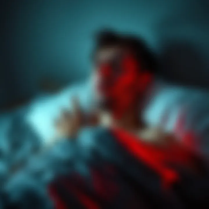 A person lying in bed, sweating and looking uncomfortable, with a clock showing late night time.