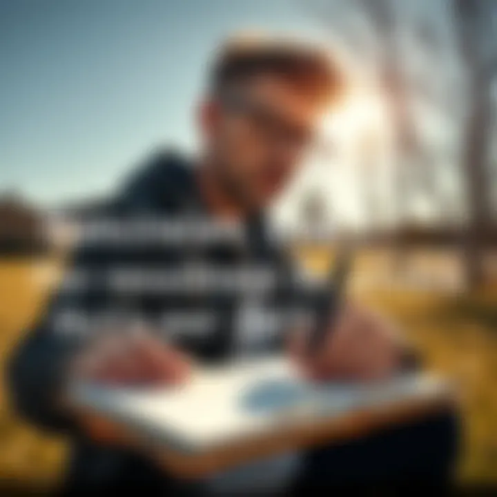 A person writing down goals on a notepad while looking determined, set against a bright outdoor background