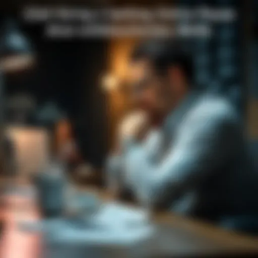 Individual sitting at a desk looking thoughtful, with betting slips and a coffee cup nearby, symbolizing a break from betting strategies.