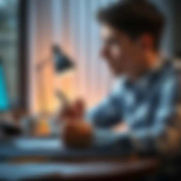 A person sitting at a desk, looking thoughtful while holding a pen and looking at a notebook filled with questions and plans.