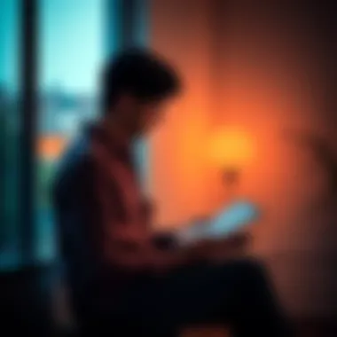 Person thinking about health A person sitting alone in a quiet room, reflecting thoughtfully while looking at a notebook filled with health-related notes.