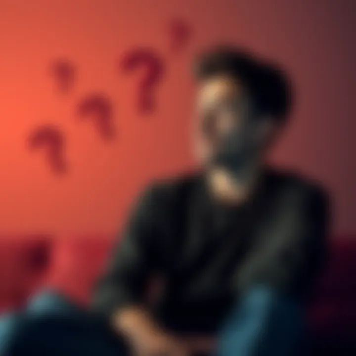 A person sitting with a thoughtful expression, contemplating a past mistake, surrounded by question marks