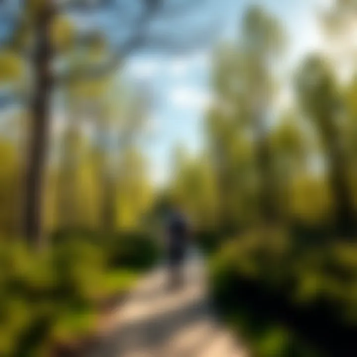 A person enjoying a walk on a sunny day surrounded by trees and greenery