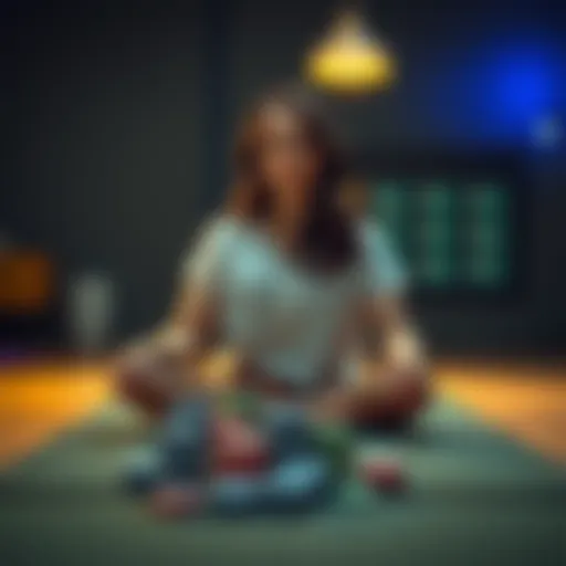 A person sitting on a yoga mat looking thoughtful, with poker chips scattered on a table behind them