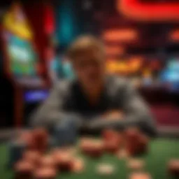 A person looks distressed at a gambling table, surrounded by empty chip stacks and a slot machine that displays a loss, reflecting their swift downfall in gambling.