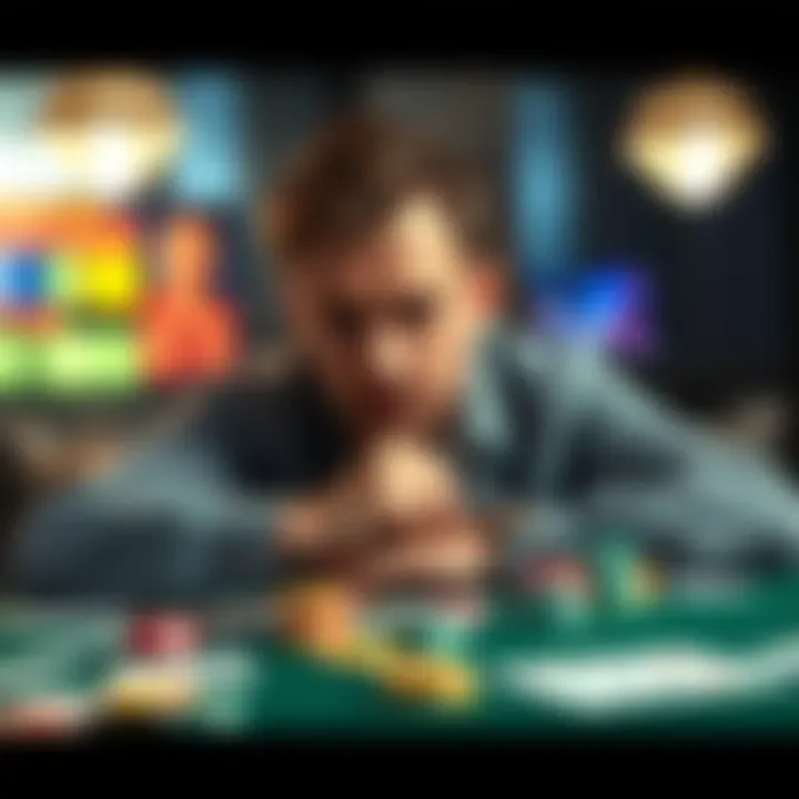 A man sitting at a gambling table with a distressed expression, surrounded by playing cards and chips, symbolizing the struggle with gambling addiction.