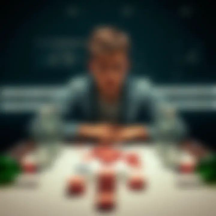 Person battling addiction A person sitting alone at a table with a distressed expression, surrounded by playing cards and empty bottles, symbolizing the struggle with gambling addiction and loneliness.