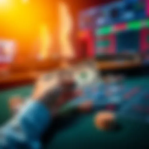 A hand placing a one dollar bill on a betting table, with colorful chips and a game board in the background.