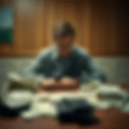 Person sitting at a table with bills A person with a distressed expression surrounded by unpaid bills and an empty wallet on the table, showing the emotional aftermath of gambling relapse.