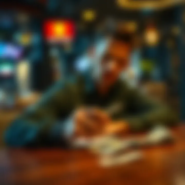 A person sitting at a table, looking at a credit card with a concerned expression while holding a pen to cancel it. Cash is visible next to them.