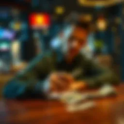 Person canceling cards A person sitting at a table, looking at a credit card with a concerned expression while holding a pen to cancel it. Cash is visible next to them.