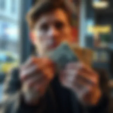 Person considering cash withdrawal A person holding cash and looking thoughtful, contemplating whether to withdraw money