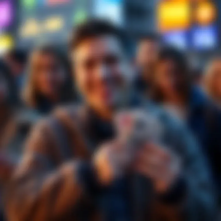 A person smiling while holding cash in their hands, looking content with their decision to cash out, surrounded by mixed reactions from onlookers.