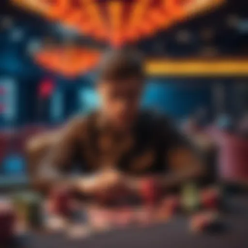 Individual sitting at a casino table with a worried expression, surrounded by chips and cards