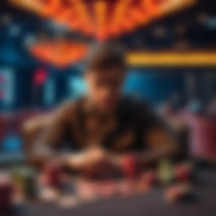 Individual sitting at a casino table with a worried expression, surrounded by chips and cards