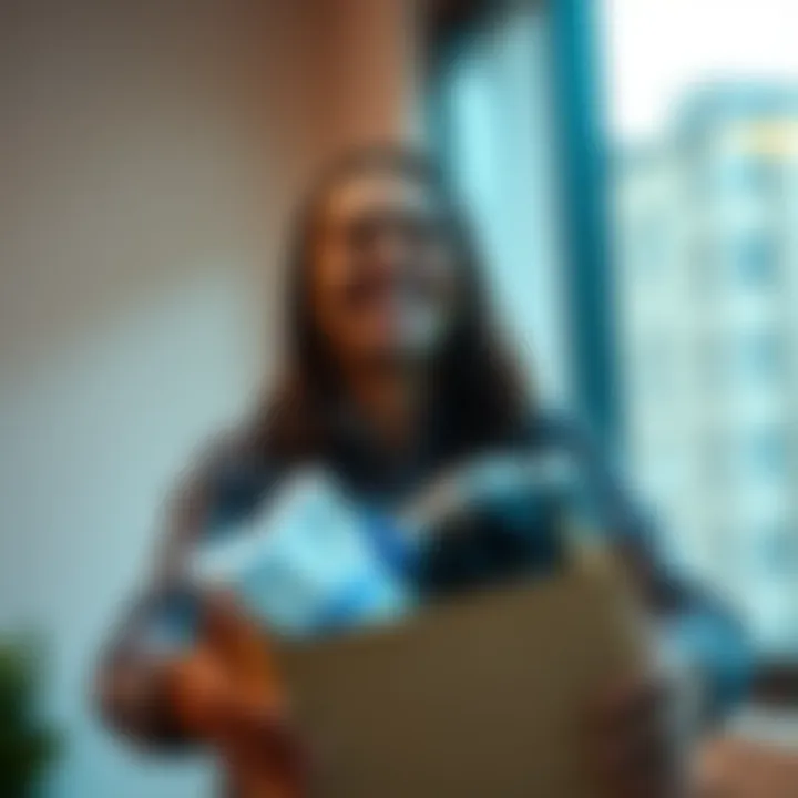 A happy individual smiling with a packed box of personal items, symbolizing leaving a job for a new opportunity